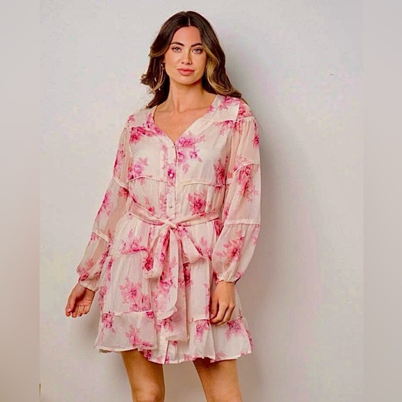 Long Sleeve Button-Up Tiered Floral Mini‎ Short Dress, Floral, Size M, NWT - Picture 3 of 11